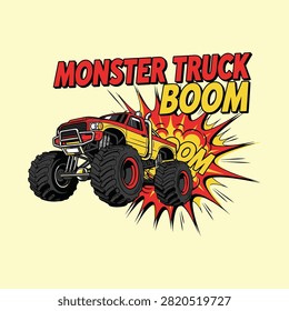 Monster truck with explosion boom text comic book style illustration