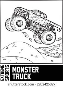 Monster Truck Extreme Sports Artline Vector Ilustración Para Niños Colores Libro