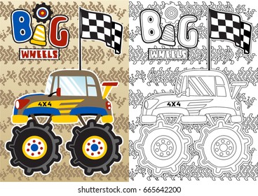 Monster truck with finish flag on tire track background, Vector cartoon illustration, coloring book or page