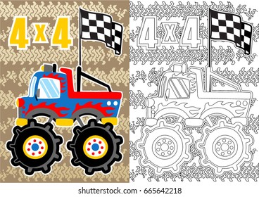 Monster truck with finish flag on tire track background, Vector cartoon illustration, coloring book or page