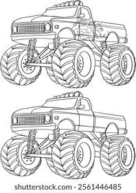 Monster Truck with Flame Patterns line art 