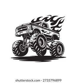 Monster truck with flames roaring on white background in black silhouette