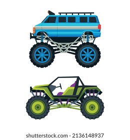 Monster Truck with Four-wheel Steering and Oversized Tires for Competition and Entertainment Vector Set