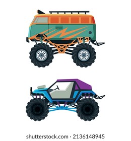 Monster Truck with Four-wheel Steering and Oversized Tires for Competition and Entertainment Vector Set