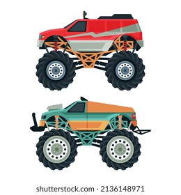 Monster Truck with Four-wheel Steering and Oversized Tires for Competition and Entertainment Vector Set