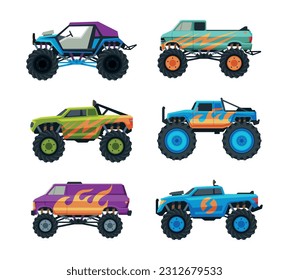 Monster Truck with Four-wheel Steering and Oversized Tires for Competition and Entertainment Vector Set