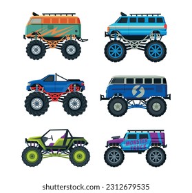 Monster Truck with Four-wheel Steering and Oversized Tires for Competition and Entertainment Vector Set