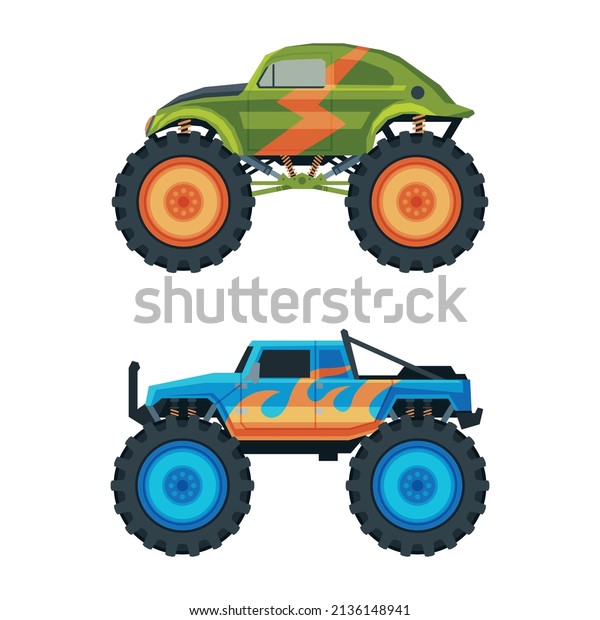 Monster Truck with\
Four-wheel Steering and Oversized Tires for Competition and\
Entertainment Vector\
Set