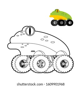 Monster Truck frog coloring book. Animal car on big wheels. vector illustration