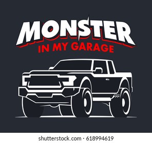 Monster truck garage logo. Modern off-road pickup vector illustration