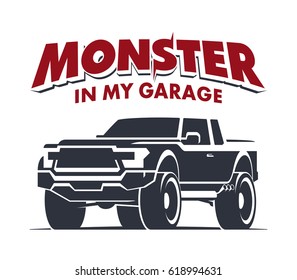 Monster truck garage logo. Modern off-road pickup vector illustration