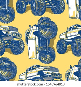 Monster truck hand drawn sketch - seamless pattern