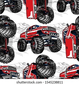 Monster truck hand drawn sketch - seamless pattern