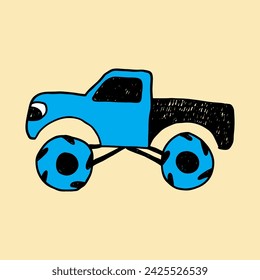 Monster truck hand drawn vector illustration. Funny cartoon style car. 