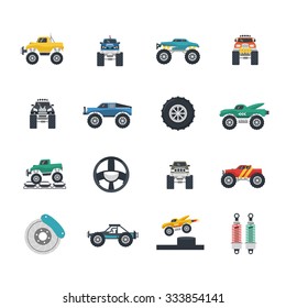 Monster truck and heavy vehicles flat icons set isolated vector illustration