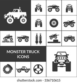 Monster truck and huge auto black icons set isolated vector illustration