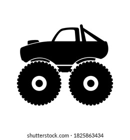 Monster truck icon. Big foot. Black silhouette. Side view. Vector flat graphic illustration. The isolated object on a white background. Isolate.