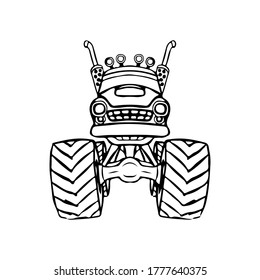 Monster truck icon. Cartoon outline drawing. Front view. Hand drawn vector flat graphic illustration. Isolated object on a white background. Isolate.