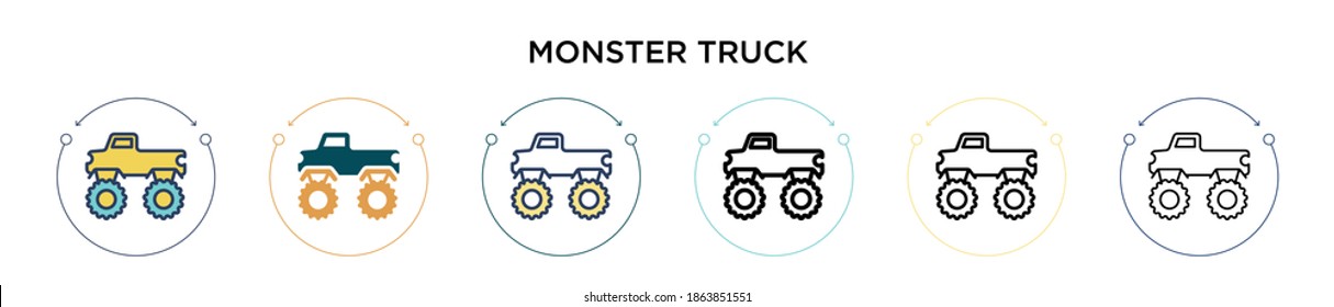 Monster truck icon in filled, thin line, outline and stroke style. Vector illustration of two colored and black monster truck vector icons designs can be used for mobile, ui, web