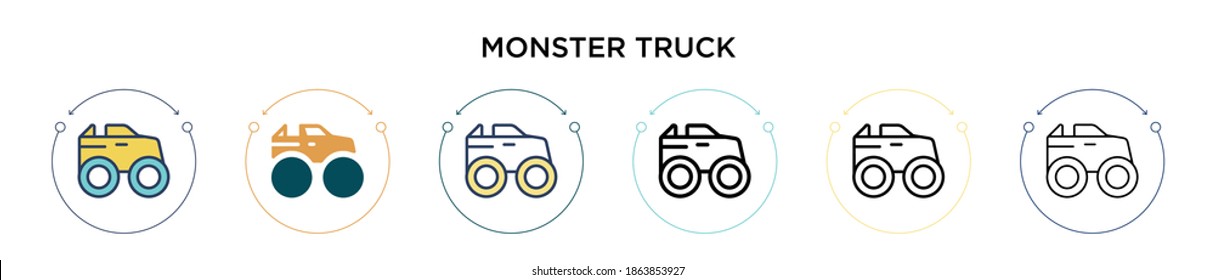 Monster truck icon in filled, thin line, outline and stroke style. Vector illustration of two colored and black monster truck vector icons designs can be used for mobile, ui, web