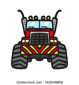 Monster truck icon. Front view. Colored contour silhouette. Cartoon sketch drawing. Vector flat graphic hand drawn illustration. The isolated object on a white background. Isolate.