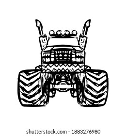 Monster truck icon. Front view. Ink outline sketch drawing. Vector flat graphic hand drawn illustration. The isolated object on a white background. Isolate.