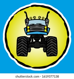 Monster truck icon. Off-road jeep. Bright emblem of bigfoot. Front view. Vector drawing. Isolated object on a blue background. Isolate.