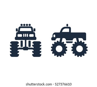 Monster truck icon set. Front and side view silhouette.