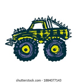 Monster truck icon. Side view. Cute cartoon sketch drawing. Vector flat graphic hand drawn illustration. The isolated object on a white background. Isolate.