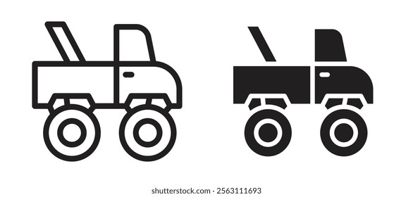 Monster truck icons in black line and filled versions