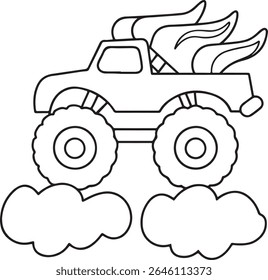 Monster Truck Illustration with Flames and Clouds Creative Design for Children's Coloring Books and Educational Purposes Featuring a Fun Automotive Vehicle Theme