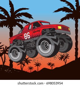 Monster truck illustration, tee shirt graphics, vectors, typography