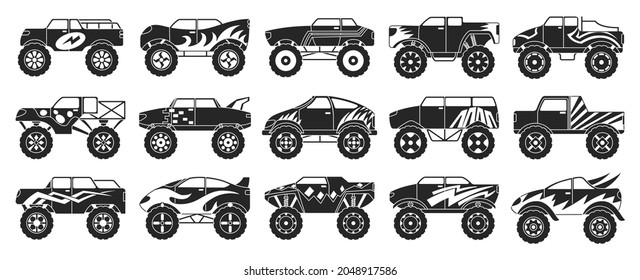 Monster truck isolated black set icon. Vector black set icon car. Vector illustration monster truck on white background.