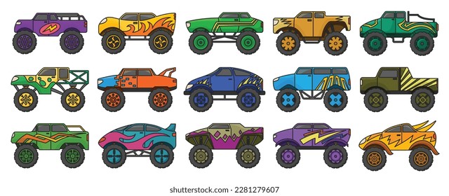 Monster truck isolated color set icon. Vector color set icon car. Vector illustration monster truck on white background.