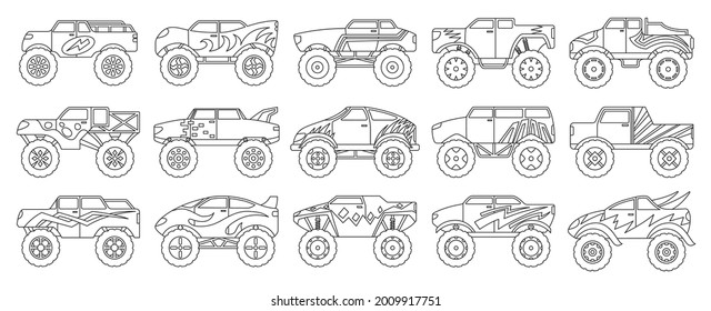 Monster truck isolated outline set icon. Vector outline set icon car. Vector illustration monster truck on white background.