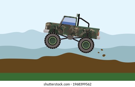 monster truck jump on dirt track, cartoon, vector illustration