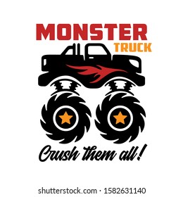 Monster truck kids apparel design. Hand drawn huge car with big wheels. T-shirt poster sticker design. Vector vintage illustration.