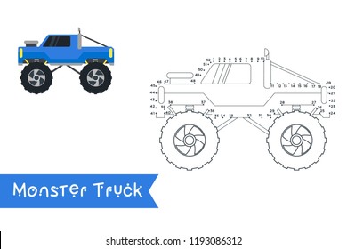 Monster truck kids style connect the dots to draw and color it. Kids truck vector