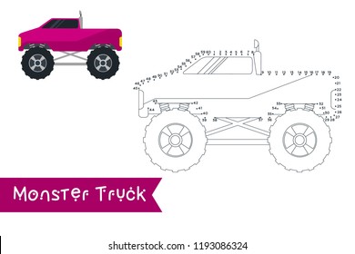 Monster truck kids style connect the dots to draw and color it. Kids truck vector