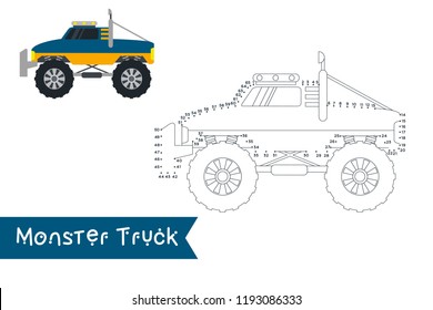 Monster truck kids style connect the dots to draw and color it. Kids truck vector