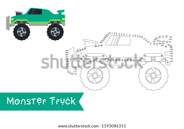 Monster truck kids style connect the dots to draw\
and color it. Kids truck\
vector