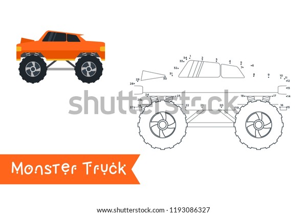 Monster truck kids style connect the dots to draw\
and color it. Kids truck\
vector