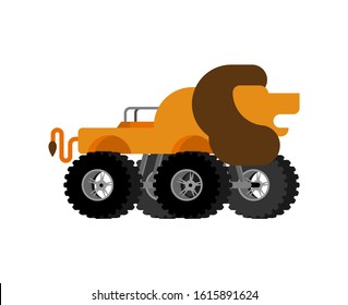 Monster Truck lion. Cartoon car animal on big wheels. vector illustration