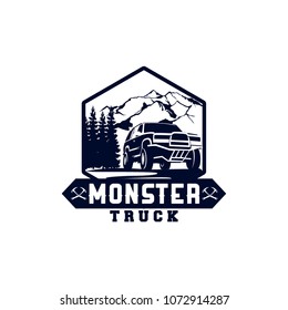 Monster Truck Logo Badge, Off Road Car Logo with Mountain and forest Symbol