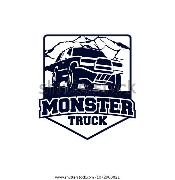 Monster Truck Logo Badge, Off Road Car Logo with\
Mountain Symbol