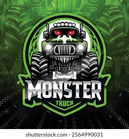 Monster truck logo. Vector emblem, badge, label, and t-shirt design.