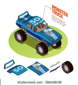 Monster truck model 4wd four runner range rover off-road vehicle kit isometric package image advertisement vector illustration 