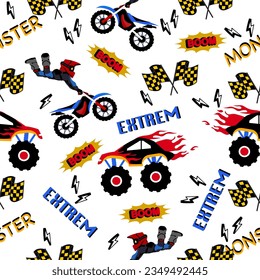 Monster truck  and motorcycle extreme cartoon pattern design .monster truck pattern for kids clothing, printing, fabric ,cover. Monster car ,motorcycle extreme pattern.extreme sport