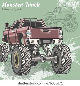 Monster Truck on the sport background with splashes and sketch. Retro vector illustration. Extreme Sports. Adventure, travel, outdoors art symbols. Off Road. Can be use in sport, travel design.