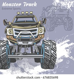 Monster Truck on the sport background with splashes and sketch. Retro vector illustration. Extreme Sports. Adventure, travel, outdoors art symbols. Off Road. Can be use in sport, travel design.